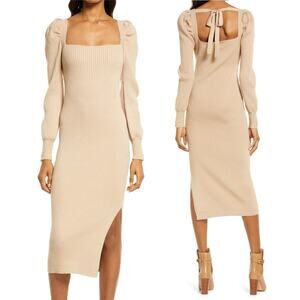 Coquette Pointelle Square Neck Tie Back Puff Sleeve Sweater Dress Tan Sz L NWT